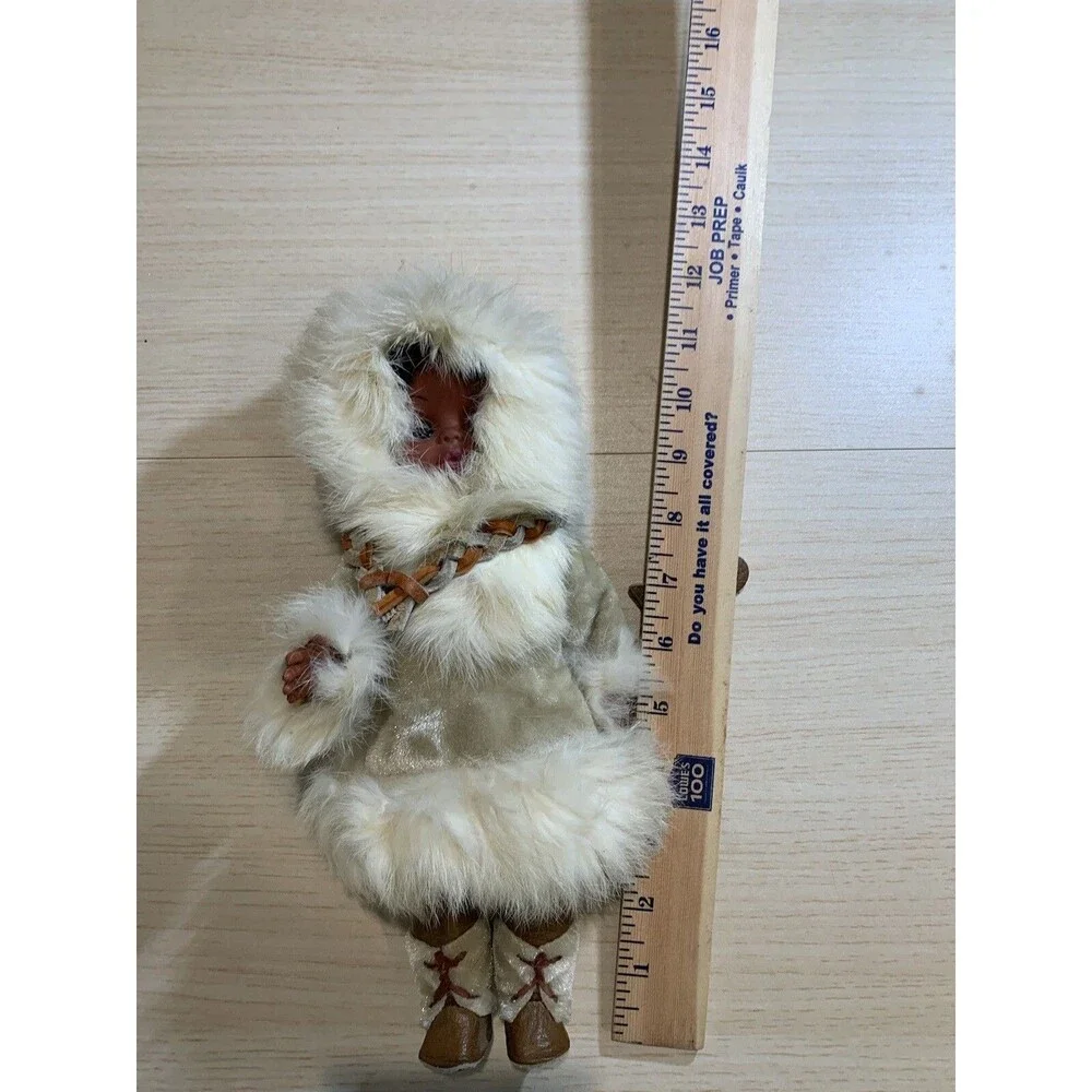 Vintage Eskimo Doll With Blinking eyes, real fur, leather necklace, No tags